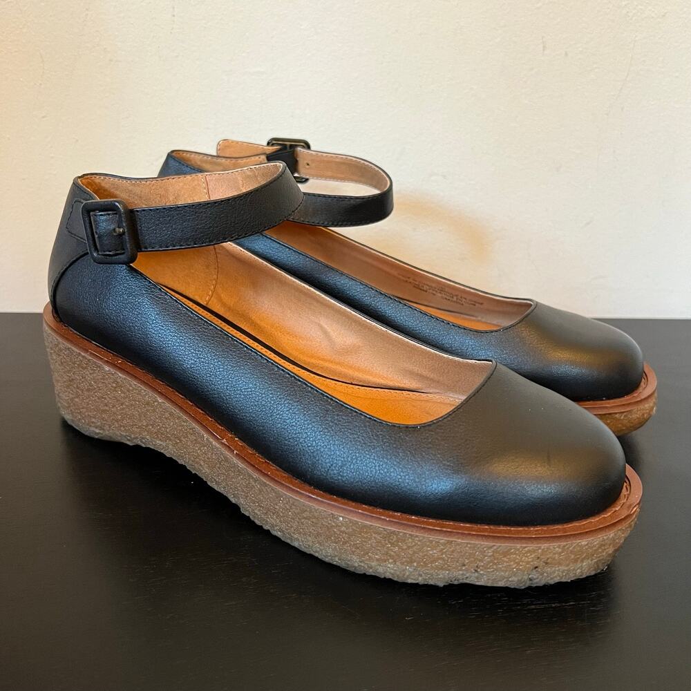 Cooperative Black Genuine Leather Gum Sole Platform Ankle Strap Ballet Flats 10M